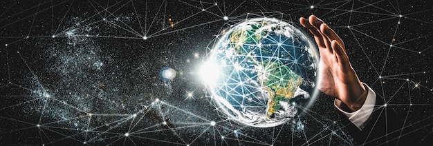 Wereldwijde netwerkverbinding die de aarde bedekt met een link van innovatieve perceptie innovative