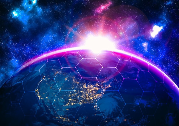 Wereldwijde netwerkverbinding die de aarde bedekt met lijnen van innovatieve perceptie