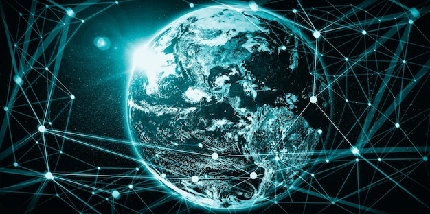 Wereldwijde netwerkverbinding die de aarde bedekt met lijnen van innovatieve perceptie