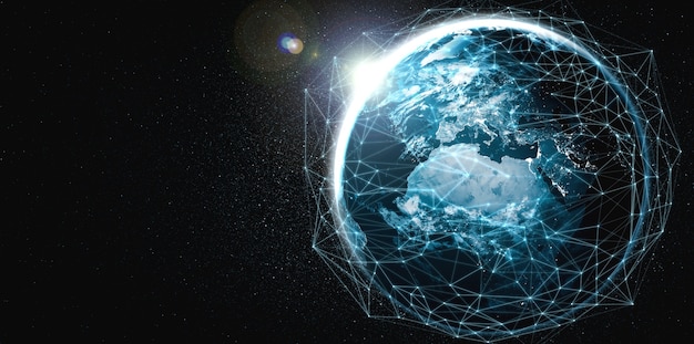 Wereldwijde netwerkverbinding over de aarde met lijnen van innovatieve perceptie