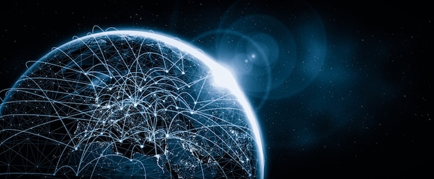 Foto wereldwijde netwerkverbinding over de aarde met lijnen van innovatieve perceptie