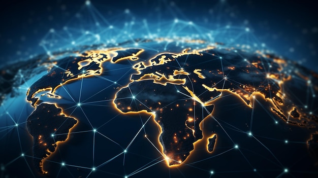 Wereldwijde netwerkverbinding Wereldkaartcompositie en wereldwijd bedrijfsconcept Aanschouw van de aarde met wereldwijde communicatie