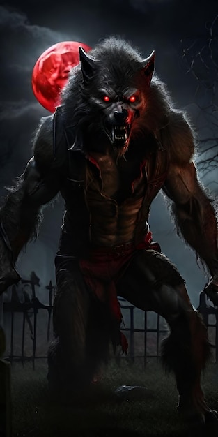 Werewolf in a graveyard at night lunging towards the camera with a red full moon in the background
