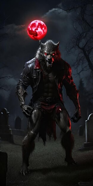 Werewolf in a graveyard at night lunging towards the camera with a red full moon in the background