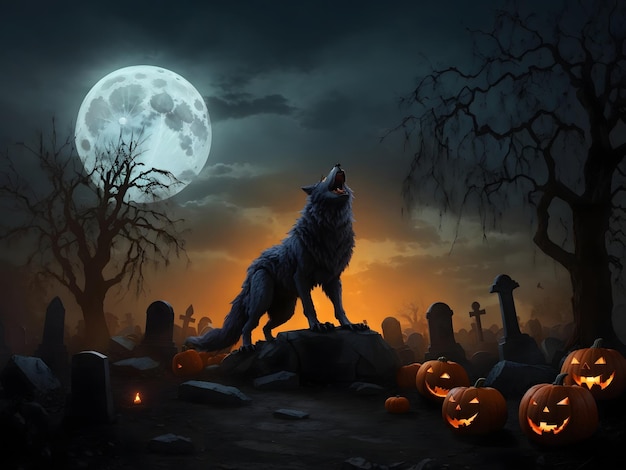 Werewolf Howl Halloween Background Full Moon Werewolf Howl Halloween ai generated