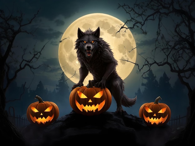 Werewolf Howl Halloween Background Full Moon Werewolf Howl Halloween ai generated