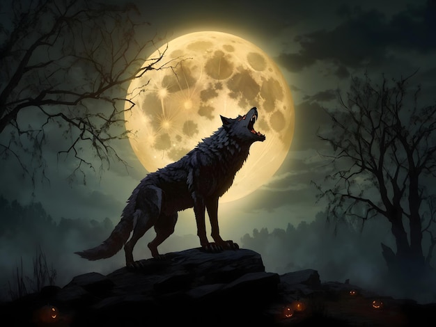 Werewolf Howl Halloween Background Full Moon Werewolf Howl Halloween ai generated