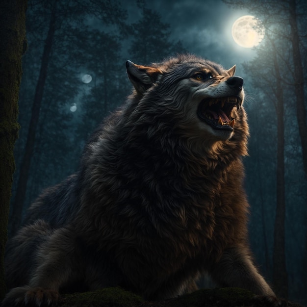 A werewolf howling at a full moon in a forest absurd