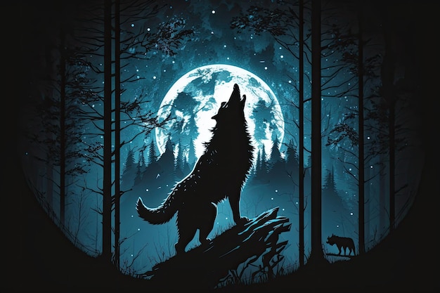 Werewolf howling at moon surrounded by dark and mysterious forest created with generative ai