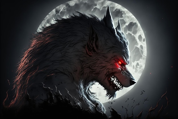 Werewolf illustration at night, with full moon in the background. Generative AI