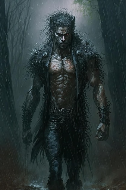 어두운 안개가 자욱한 숲의 늑대 인간 남자 생성 AI 그림