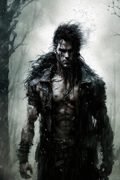 Werewolf man in dark foggy forest Generative AI illustration