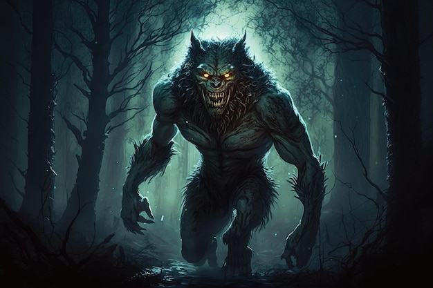 Werewolf on the prowl in moonlit forest with its eyes glowing and teeth bared