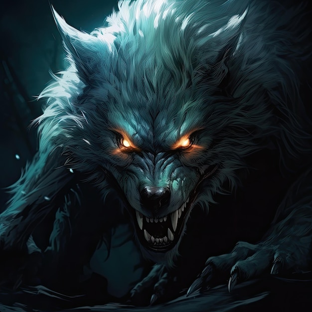 暗闇で光る狼男の目
