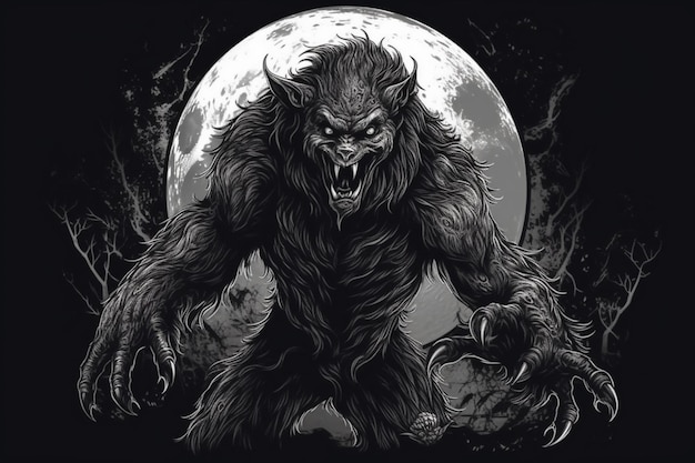 A werewolf with a full moon on the background