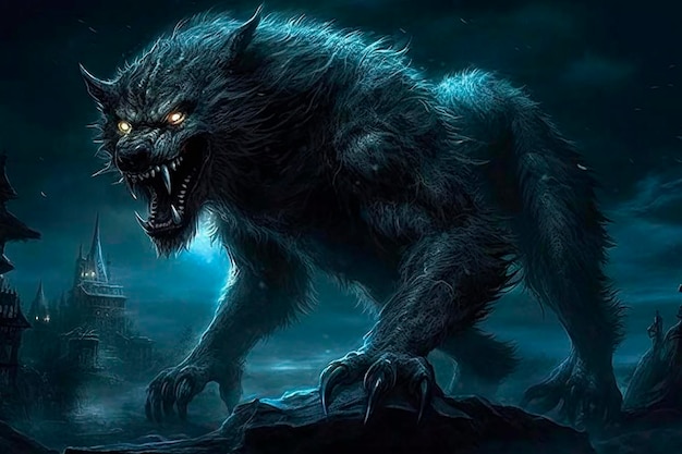 커다란 늑대의 얼굴과 커다란 검은 꼬리를 가진 늑대인간.
