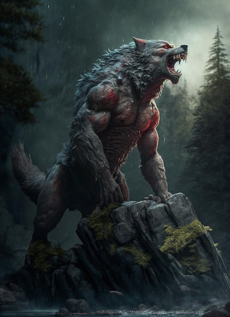 A werewolf with a red eye and a white eye.