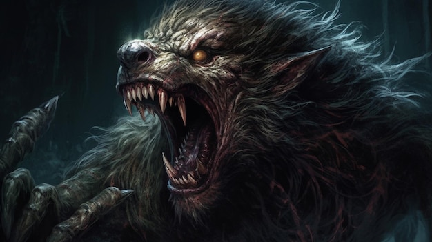 A werewolf with a sharp fangs is in the foreground.