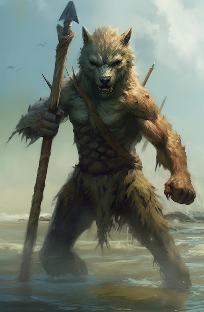 A werewolf with a spear and a large body of fur.