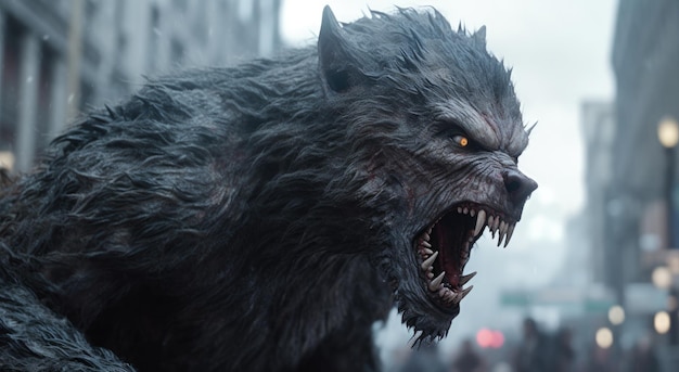 A werewolf with a white face and orange eyes stands in front of a city street.