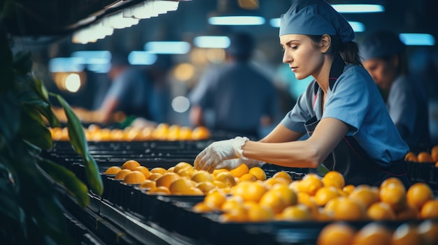 Werk aan de sinaasappelsorteerlijn in een landbouwverwerkingsfabriek met een stapel rijpe mandarijnen