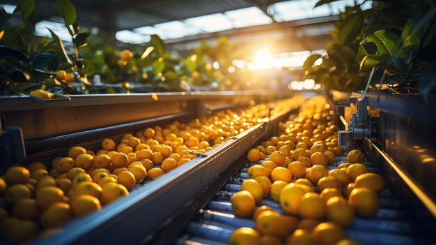 Werk aan de sinaasappelsorteerlijn in een landbouwverwerkingsfabriek met een stapel rijpe mandarijnen