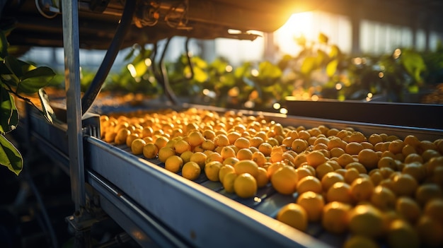 Werk aan de sinaasappelsorteerlijn in een landbouwverwerkingsfabriek met een stapel rijpe mandarijnen