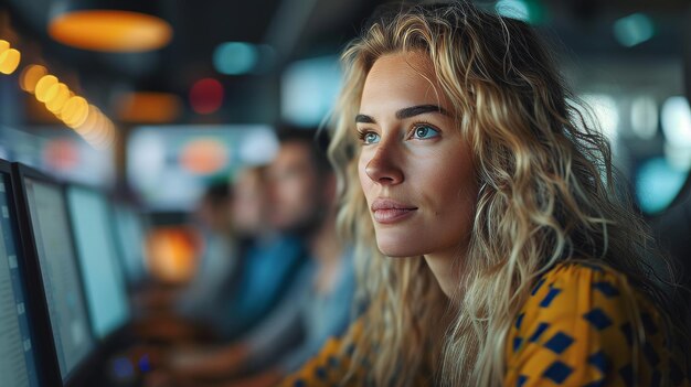 Werk aan een project en programmeren in een start-up bedrijf Start-up bedrijfsgroep het vinden van een oplossing als een team Vrouw programmeur die aan de computer werkt met collega's die naar haar kijken