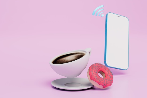 Werk in de telefoon tijdens een snack-smartphone met WiFi-koffie en donutpictogram op een pastelkleurige achtergrond