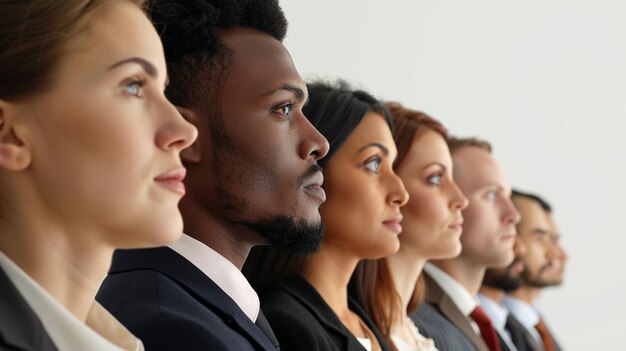 Werkdiversiteit met werknemers uit verschillende culturen die voor een witte achtergrond staan