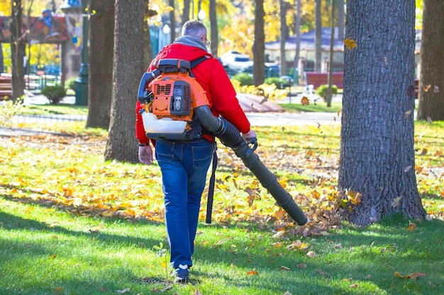 Werken in het Park bladeren verwijderen met een blazer Parkschoonmaakservice Afgevallen bladeren verwijderen in de herfst