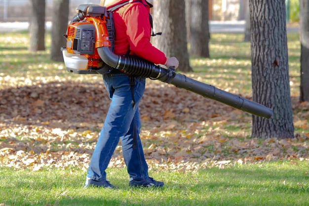 Werken in het Park bladeren verwijderen met een blazer Parkschoonmaakservice Afgevallen bladeren verwijderen in de herfst