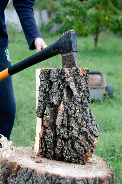 Werken met een bijl, brandhout klaarmaken in afwachting van een koude winter. Moeilijke tijden.