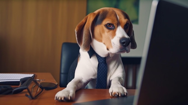 Werken op een computer Generatieve AI een beagle hond in een pak