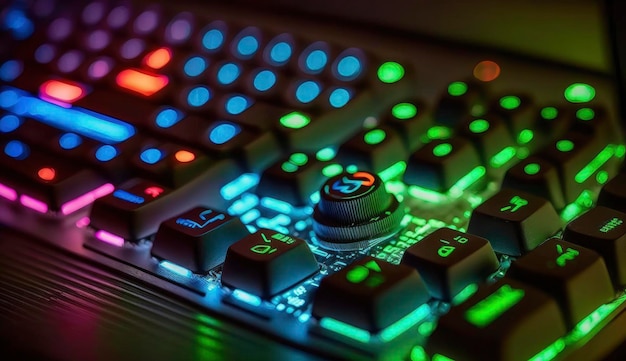 Werken op een neon toetsenbord van de computer met gekleurde achtergrondverlichting Computer videogames hacking technologie internet concept Geselecteerde focus Ai genereren