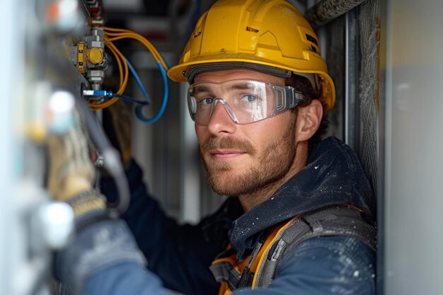 Werkende elektricien Portret van een elektro-ingenieur die aan het bouwen is