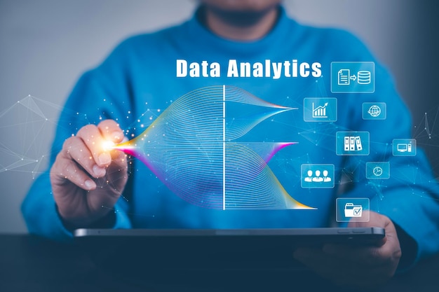 Werkende gegevensanalyses en gegevensbeheersystemen en -metrics verbonden met de bedrijfsstrategie-database voor Finance Intelligence Business Analytics met Key Performance Indicators sociaal netwerk