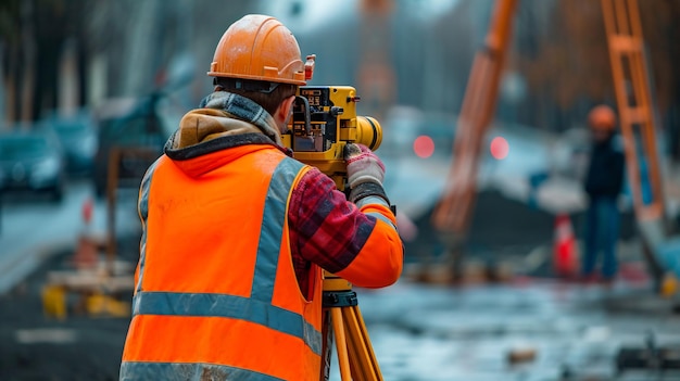 Werkende landmeter met behulp van een theodoliet en een niveau-instrument om afstanden, hoogtes en oriëntaties op de locatie van het gebouw te berekenen