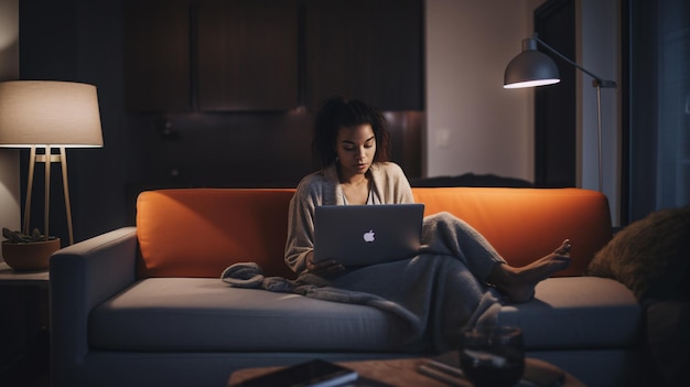 Werkende late vrouw op de bank met laptop in de donkere kamer Generatieve AI