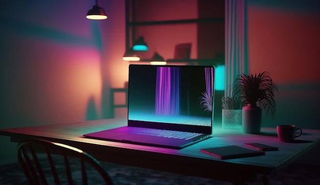 Werkende zakenman aan moderne bureau verlichte laptop in kleurrijke studio gegenereerd door AI