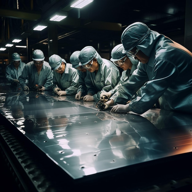 Werkgroep met metalen platen bij de snijmachine