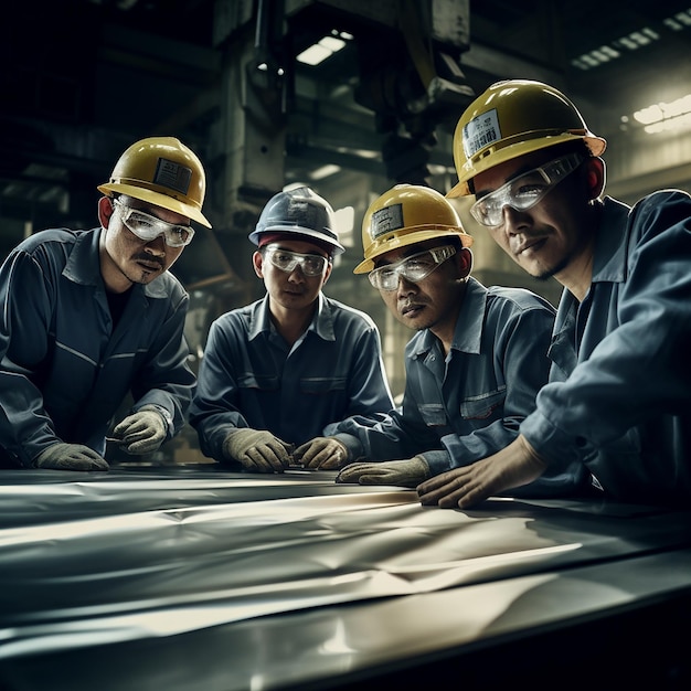 Werkgroep met metalen platen bij de snijmachine