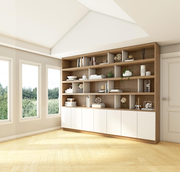 Werkkamer in Scandinavische stijl met lege ruimte en boekenplank. 3D-rendering