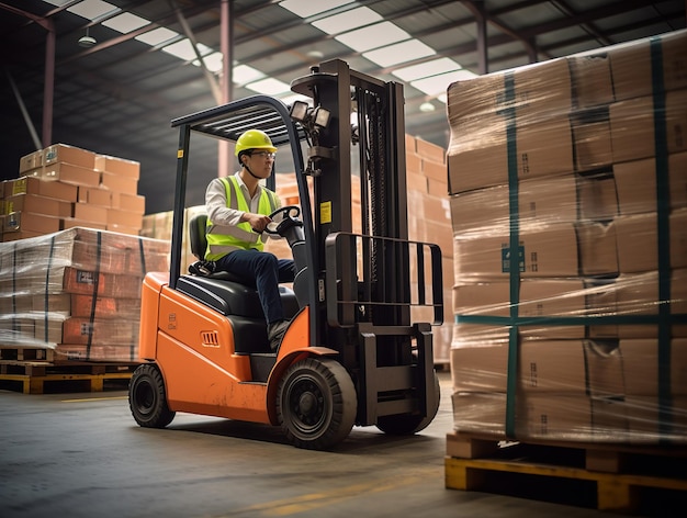 Werkman op een magazijn met vorkheftruck, zware lader, vrachtwagen en magazijn