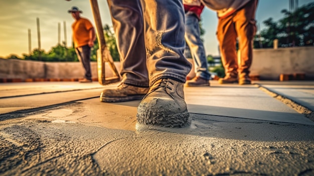 Werknemer bij het bouwen van betonnen bestrating