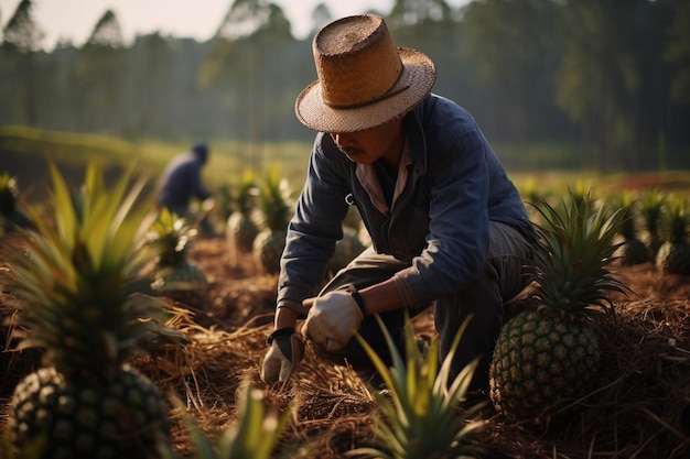 Werknemer die ananas ophaalt in het veld