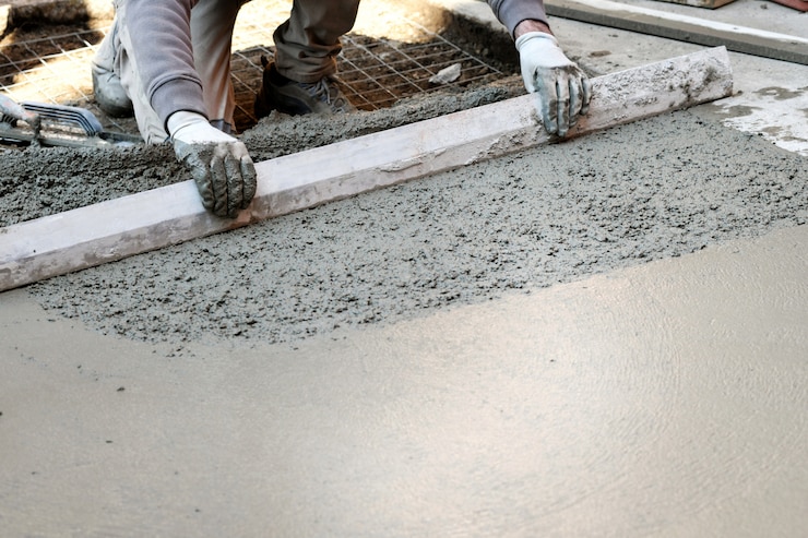 Foto werknemer die betonnen vloer afvlakt