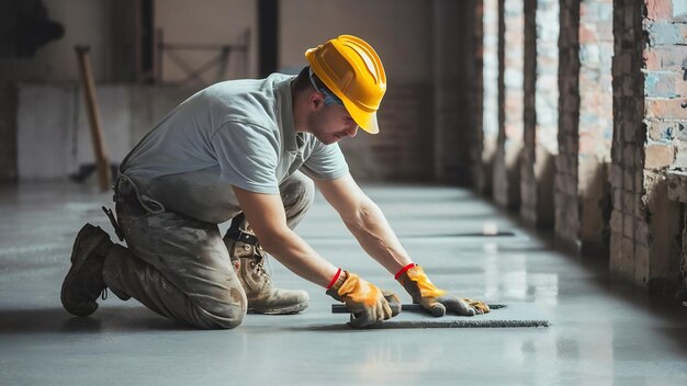 Foto werknemer die de betonnen vloer afvlakt