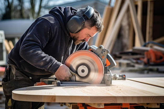 Werknemer die een cirkelzaag gebruikt om een houten plank op een bouwplaats te snijden