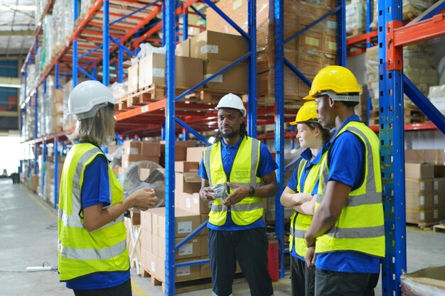 Foto werknemer die in een groot magazijn werkt en een papieren checklist bijhoudt, het materiaal controleert, vergelijkt met de met plastic gewikkelde dozen, op een houten pallet houdt, klaar om naar de klant te verzenden